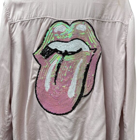 Sojara Shirt Rolling Stones Pink Sequin Tongue M/L Long Sleeve Rocker Top - Picture 5 of 12